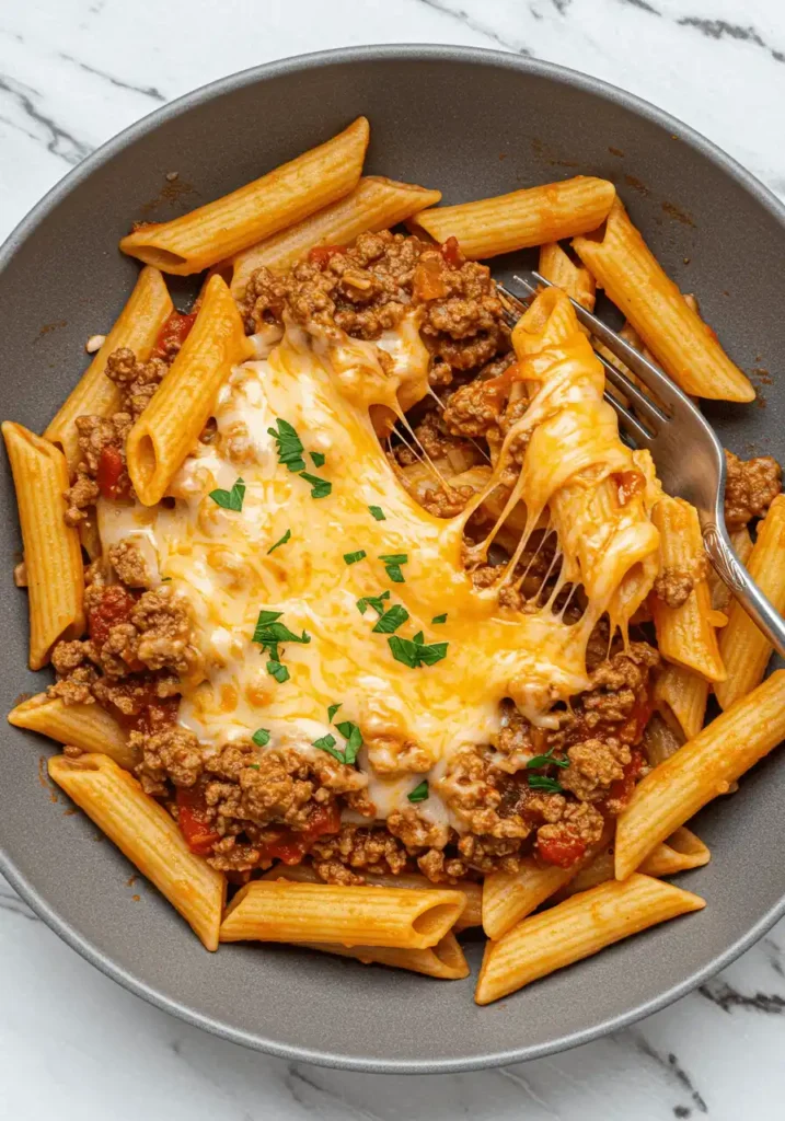 Cheesy casserole ground beef topped with melted cheddar and parsley in a white baking dish