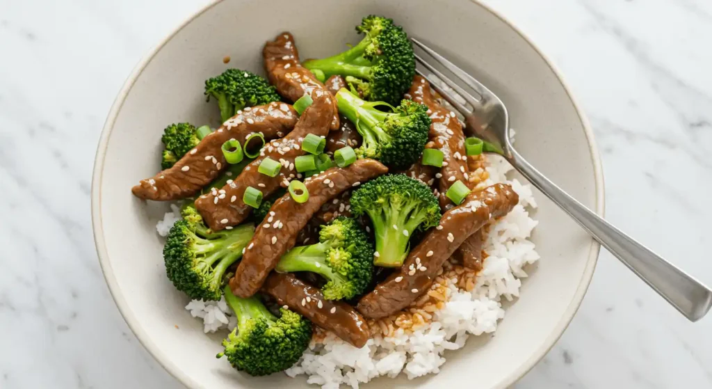 Close-up of Chinese Beef and Broccoli coated in glossy brown sauce