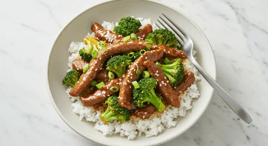 Plate of Chinese Beef and Broccoli beside fluffy jasmine rice on a rustic table