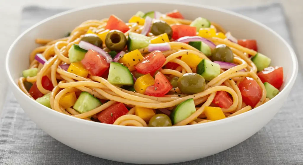 Colorful Italian Spaghetti Salad with tomatoes, cucumbers, olives, and parmesan in a white serving bowl