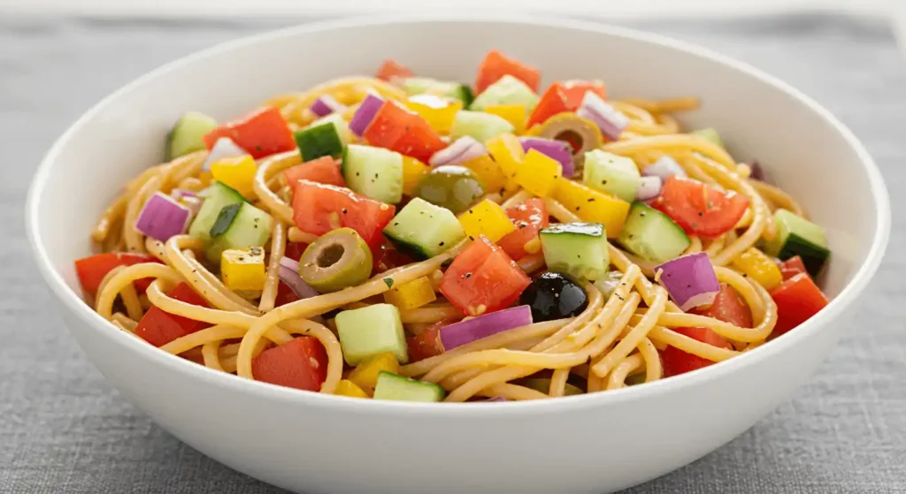 Italian Spaghetti Salad featuring thin noodles tossed with tomatoes, cucumbers, olives, red onion, and a light Italian dressing