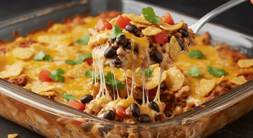 Overhead view of Rotisserie Chicken Casserole with a spoon lifting a cheesy portion.
