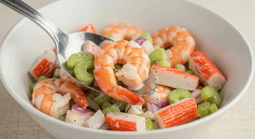 Lettuce cups filled with seafood salad on a wooden board, garnished with parsley and lemon wedges.