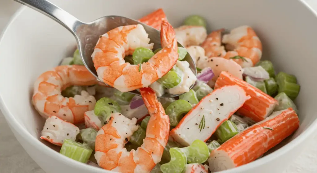 Overhead shot of seafood salad in a white bowl with shrimp, crab, celery, and lemon slices.