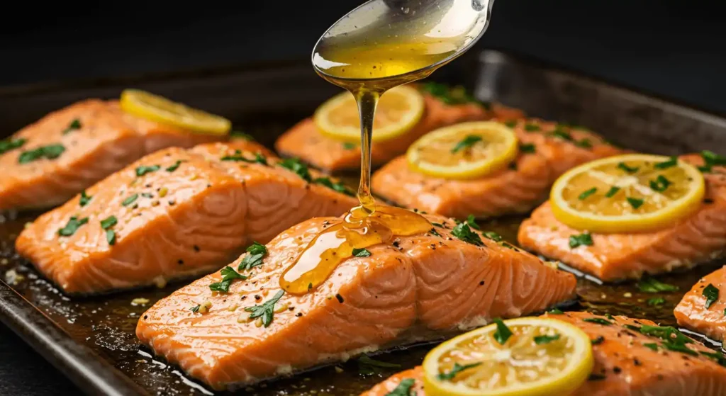 Oven-baked salmon on parchment paper with garlic, herbs, and citrus.