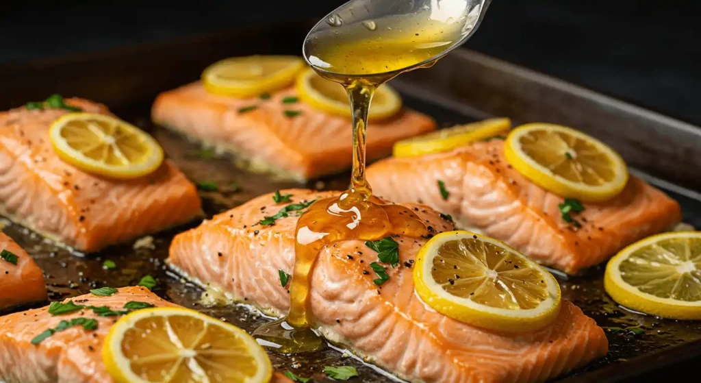Baked salmon fillet with golden glaze, garnished with parsley and lemon.