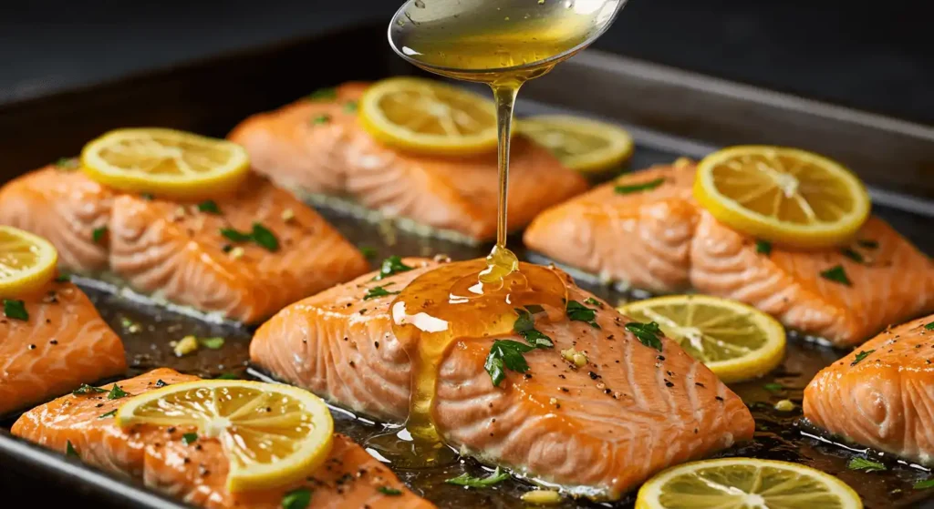Close-up of juicy baked salmon fillets with lemon slices and herbs on a baking tray.