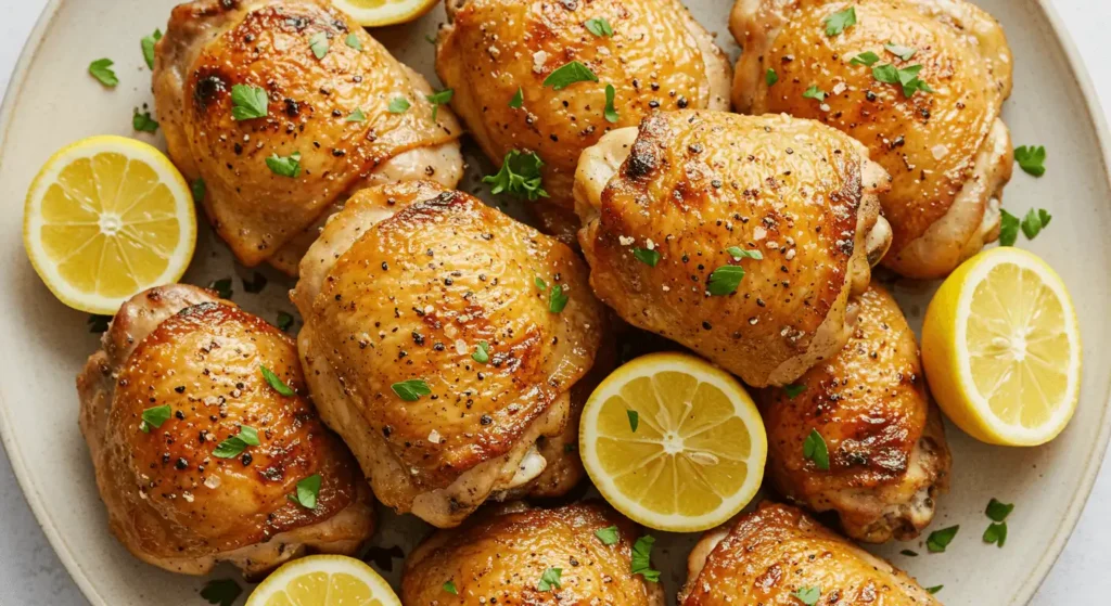 Cast-iron skillet of crispy chicken thighs seared with garlic and rosemary.