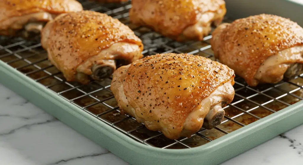 Honey-glazed baked chicken thighs on a sheet pan with carrots and potatoes.