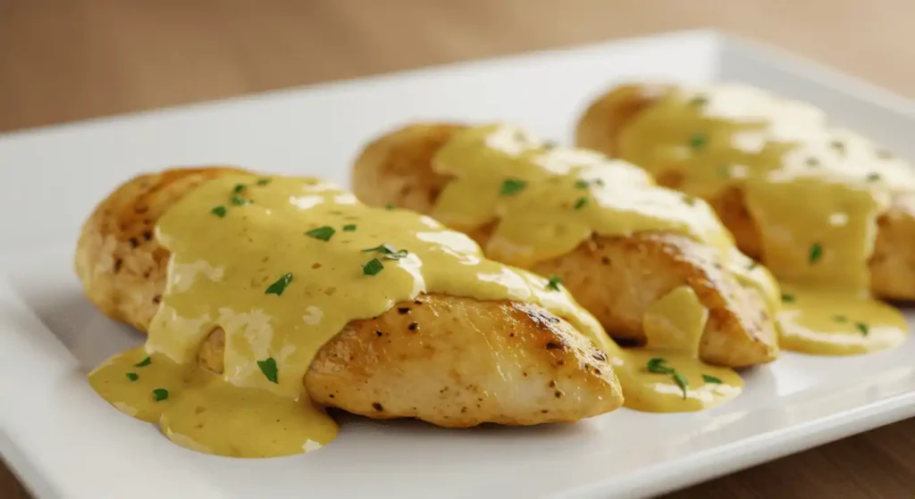 Cream cheese chicken ladled over mashed potatoes on a white plate.