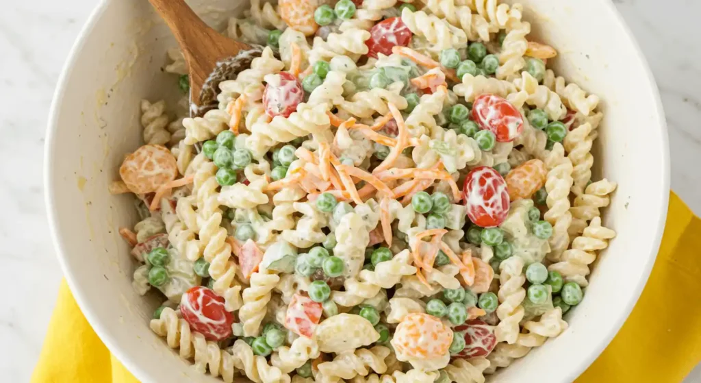Colorful Italian pasta salad with rotini, cherry tomatoes, cucumbers, olives, and fresh basil—showcasing easy pasta salad recipes.