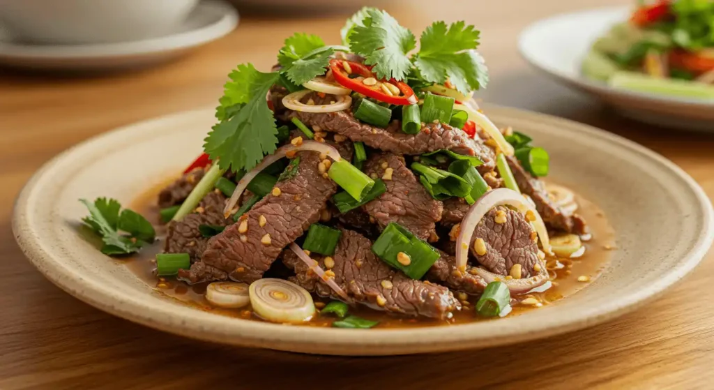 Cook tossing Thai beef salad and herbs in a stainless bowl with tongs.