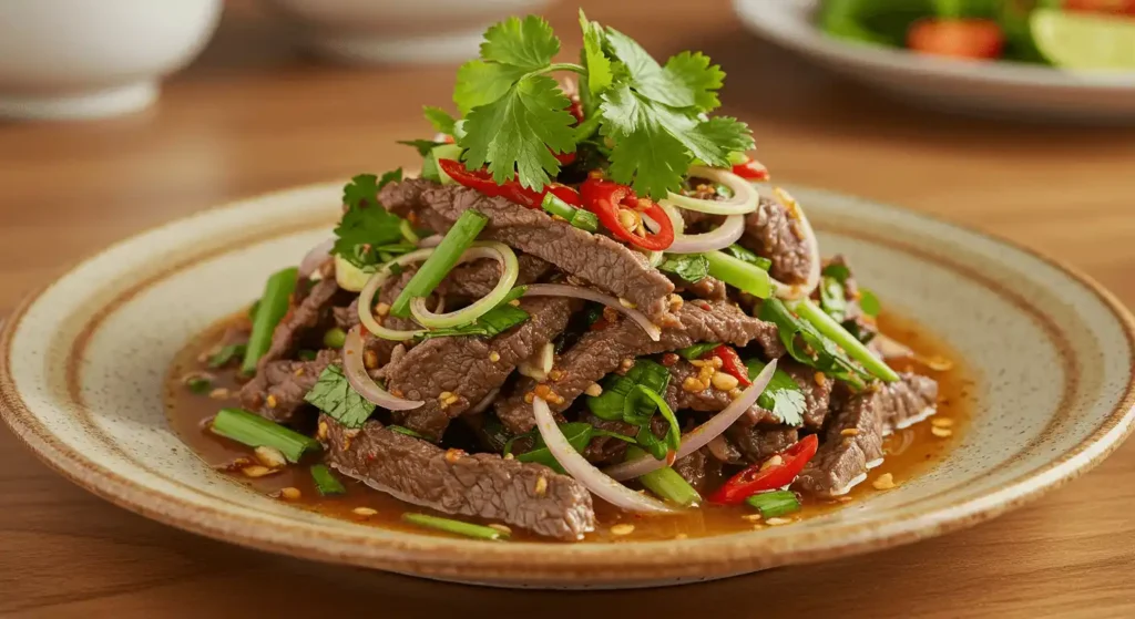 Close-up of fork lifting juicy steak slice from Thai beef salad dressed with lime–fish sauce.