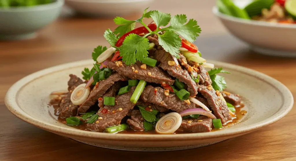 Overhead shot of Thai beef salad with seared sirloin, mint, cilantro, cucumber, and lime wedges on a white plate.